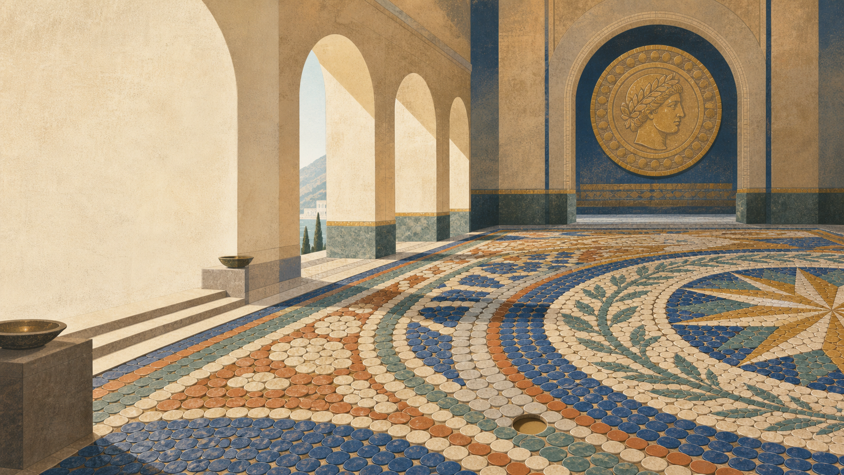 Sunlit hall with a ceramic coin mosaic and one empty tile space
